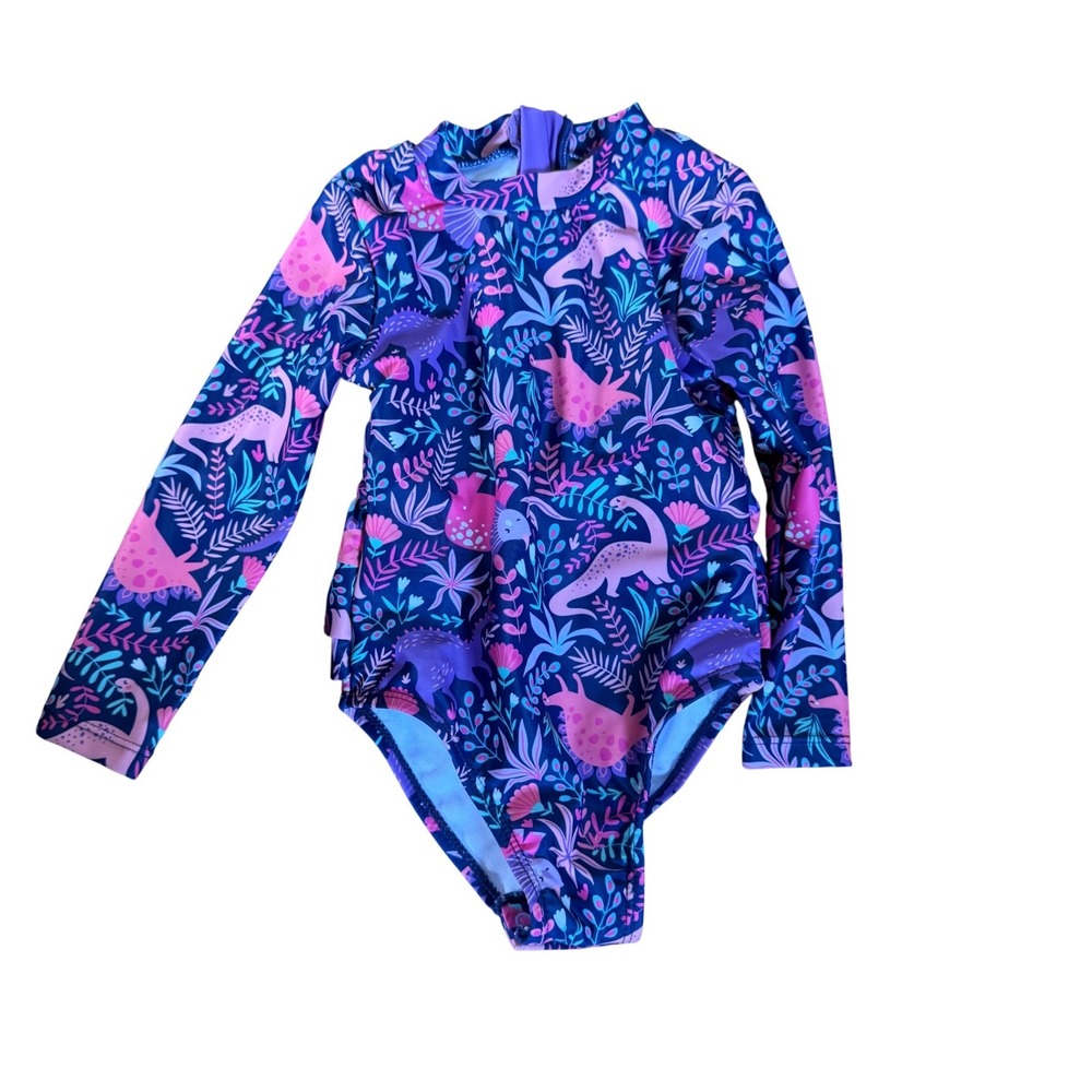 Andy & Evan Girls Purple Dinosaur Long Sleeve Ruffle Rash Guard Swimsuit 18-24M